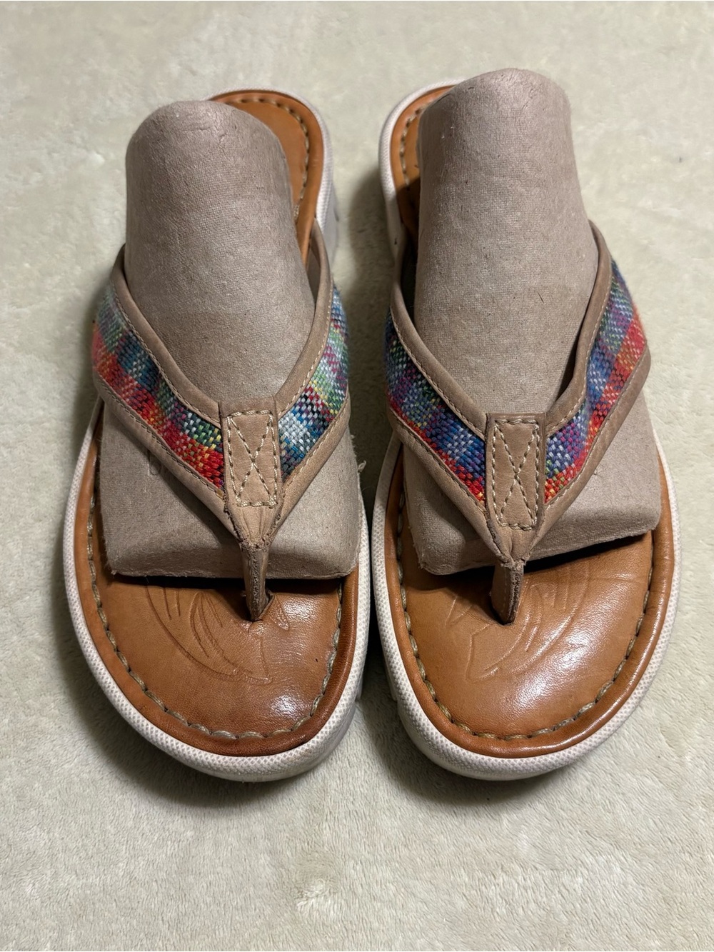 Born Taupe Suede Thong Sandals with Multicolor Woven Strap